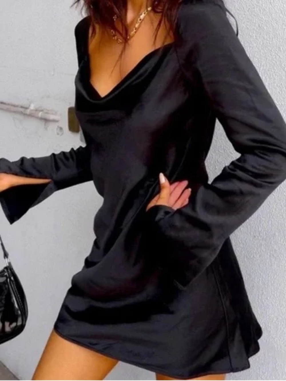 Princess Polly Star Mini Dress - Satin Cowl Neck Long Sleeve Mini Dress - Black